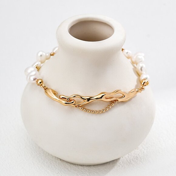 925 Gold Baroque Pearl Organic Link Bracelet - Picture 1 of 5